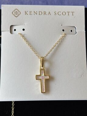 Cross Gold  Pendant Necklace in White Lab Grown Opal mother of pearl